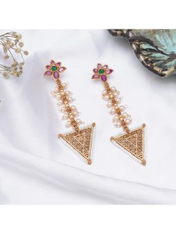 BeAbhika - Gold-Toned Floral Top Triangle Dangler Earrings with Pearl Detailing