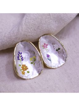 BeAbhika - Women's Hand Painted Shell Flower Artistic Statement Earrings with Gold Edge