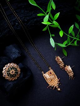 STILEADDA - Square Multicolor Rajwadi Mangalsutra and Earrings with Green Adjustable Ring
