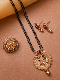 STILEADDA - Gold Plated Rajwadi Mangalsutra and Earrings and Polki Ring