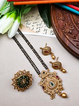 STILEADDA - Multi-Color Stone Mangalsutra and Earrings and Green Polki Ring