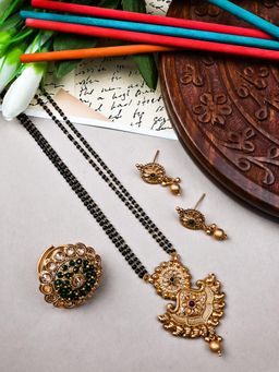 STILEADDA - Green Rajwadi Mangalsutra and Earrings with Green Polki Ring