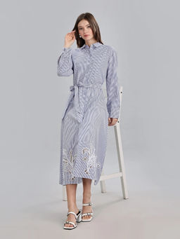 Tommy Hilfiger - Blue Cotton Spread Collar Shirt Dress with Belt
