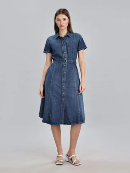 Tommy Hilfiger - Blue Cotton Spread Collar Denim Dress with Belt