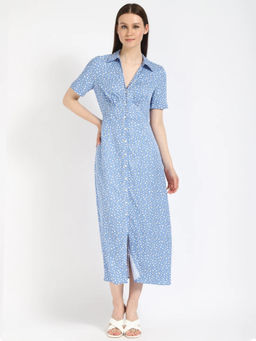 Tommy Hilfiger - Blue Viscose Spread Collar A-Line Dress