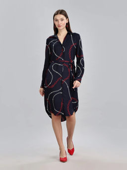 Tommy Hilfiger - Navy Blue Viscose Spread Collar Shirt Dress with Belt
