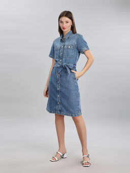 Tommy Hilfiger - Blue Cotton-Blend Spread Collar Denim Dress with Belt