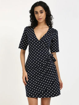 Tommy Hilfiger - Navy Blue Cotton Wrap Neck Wrap Dress