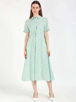 Tommy Hilfiger - Green Cotton Spread Collar A-Line Dress