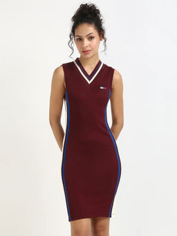 Tommy Hilfiger - Burgundy Viscose V-Neck Bodycon Dress