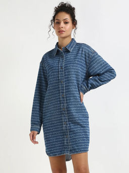 Tommy Hilfiger - Blue Cotton Spread Collar Shirt Dress