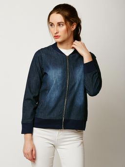 Miss Chase - Women's Navy Blue V-Neck Full Sleeve Solid Denim Bomber Jacket