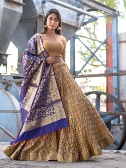 Rangpur - Golden Beige Lehenga Set With Purple Banarasi Dupatta