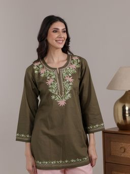 QAZMI - Women Green Aari Embroidered Pure Cotton Short Kurti