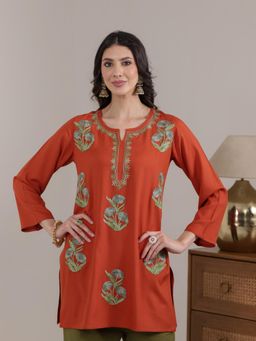 QAZMI - Women Kashmiri Aari Embroidered Viscose Rayon Short Kurta