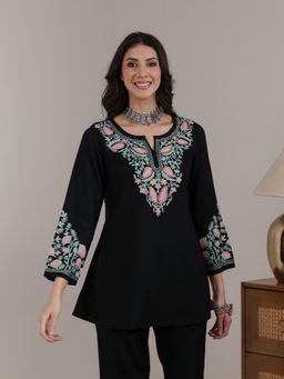 QAZMI - Women Black Aari Embroidered Viscose Rayon A-Line Short Kurti