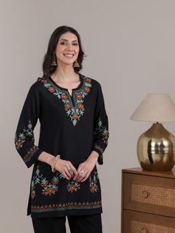 QAZMI - Women Black Aari Embroidered Viscose Rayon Ethnic Short Kurti