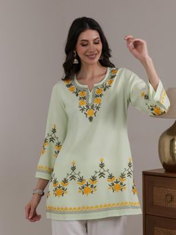 QAZMI - Women Green Aari Embroidered Viscose Rayon Ethnic Short Kurti