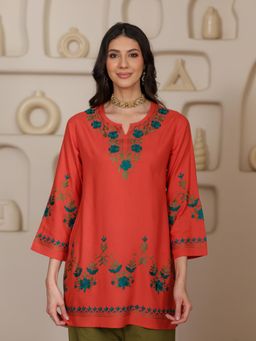 QAZMI - Women Orange Aari Embroidered Viscose Rayon Ethnic Short Kurti