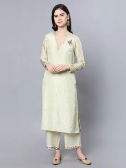 HAAVI BY PURAB - Green Organza Neck Cupro Kurta