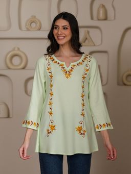 QAZMI - Women Kashmiri Aari Embroidered A-Line Viscose Rayon Short Kurti with Full Sleeves
