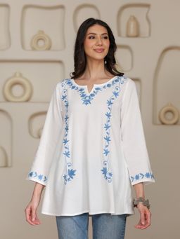 QAZMI - Women White Kashmiri Aari Embroidered A-Line Viscose Rayon Short Kurti