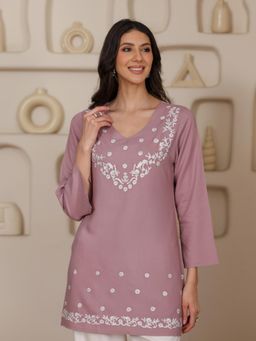 QAZMI - Purple Floral Embroidered V-Neck Kashmiri Aari Work Short Kurti