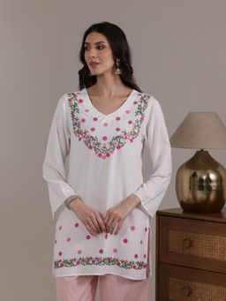 QAZMI - White Floral Embroidered V-Neck Kashmiri Aari Work Short Kurti