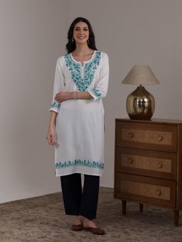 QAZMI - White Kashmiri Aari Work Viscose Rayon Straight Kurta