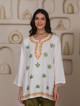 QAZMI - Women White Kashmiri Aari Embroidered Viscose Rayon Short Kurti