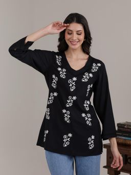 QAZMI - Women Black Kashmiri Aari Embroidered Viscose Rayon Flared Sleeves Short Kurti