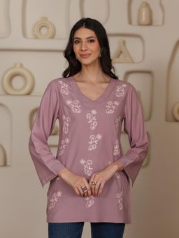 QAZMI - Women Purple Kashmiri Aari Embroidered Viscose Rayon Flared Sleeves Short Kurti