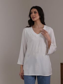 QAZMI - Women White Kashmiri Aari Embroidered Viscose Rayon Flared Sleeves Short Kurti