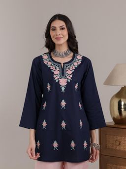 QAZMI - Women Navy Blue Aari Embroidered Pure Cotton Short Kurti