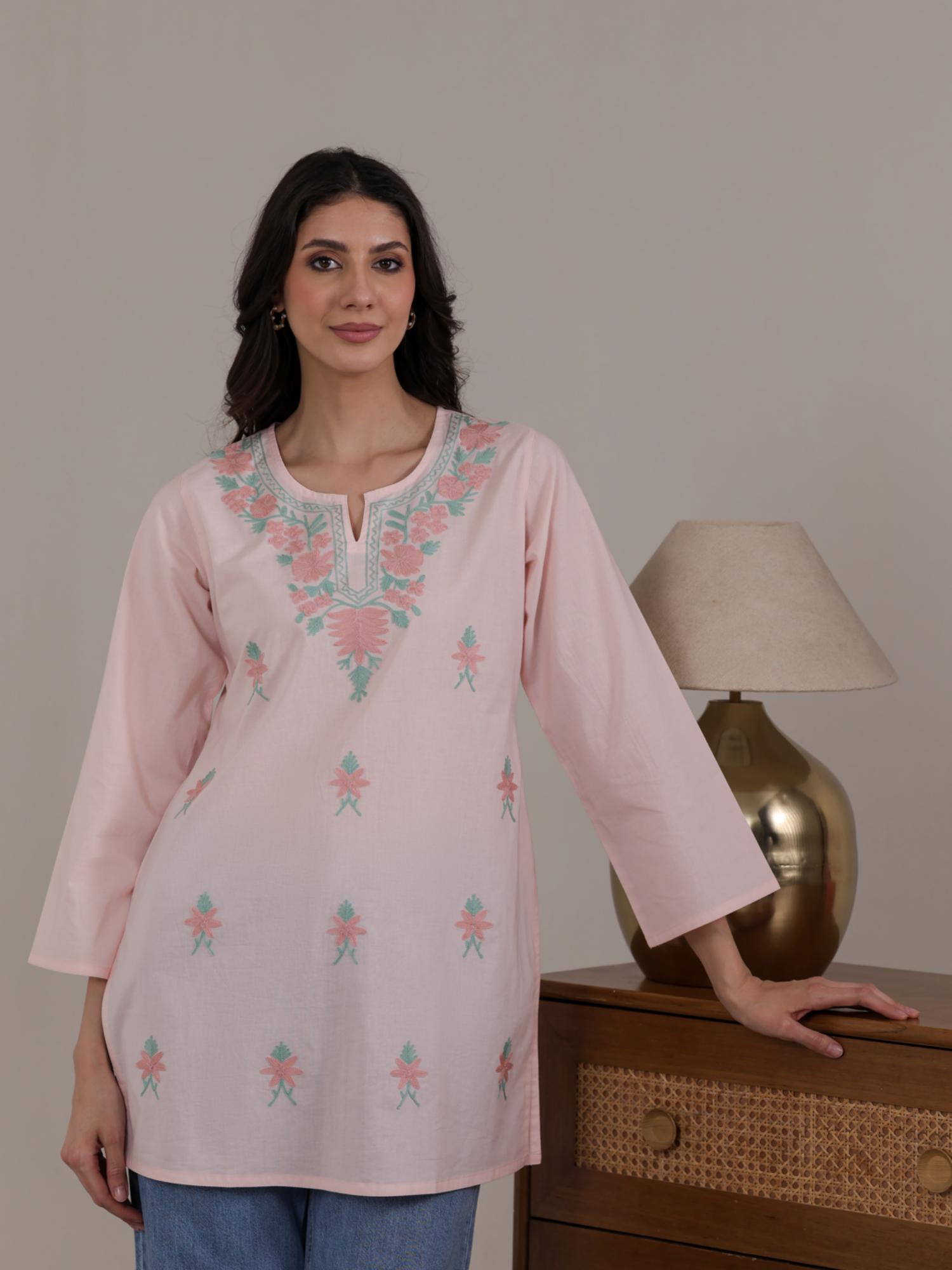 qazmi Women's Aari Embroidered Pure Cotton Short Kurta-picture-12