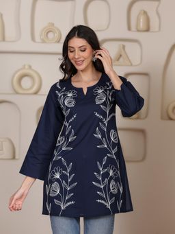 QAZMI - Women's Aari Embroidered Pure Cotton Short Kurta