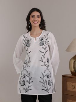 QAZMI - Women's Aari Embroidered Pure Cotton Short Kurta