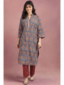 TAHILIYA - Teal Sanganeri Hand Block Printed Cotton Classic Fit Kurta