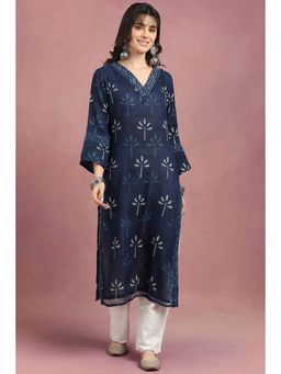 TAHILIYA - Indigo Blue Daboo Hand Block Printed Kota Doria Cotton Kurta