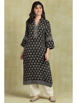 TAHILIYA - Black Daboo Hand Block Printed Kota Doria Cotton Kurta