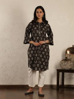Spring Soul - Black Floral Printed Kurta