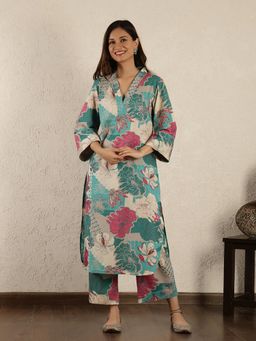 Spring Soul - Teal Kurta with Embroidered Sleeves