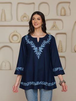 QAZMI - Women Navy Blue Kashmiri Aari Embroidered Viscose Rayon A-Line Short Kurti