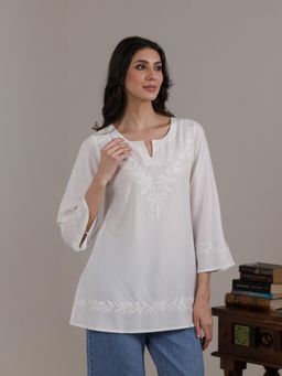 QAZMI - Women White Kashmiri Aari Embroidered Viscose Rayon A-Line Short Kurti