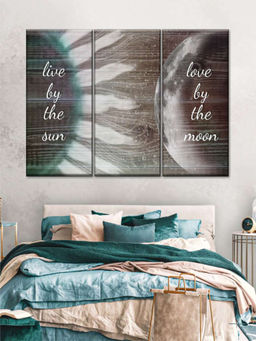 POSTERS AND TRUSS - 3 Pieces Brown Grey Sun Moon Love Typography Printed Framed Wall Painting