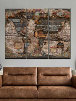 POSTERS AND TRUSS - 3 Pieces Brown Beige Reclaimed Map Framed Wall Painting