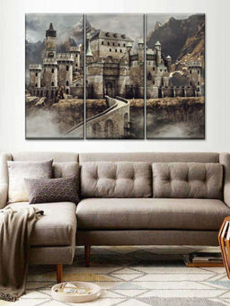 POSTERS AND TRUSS - 3 Pieces Brown Medieval Castle Painting Canvas Wall Art