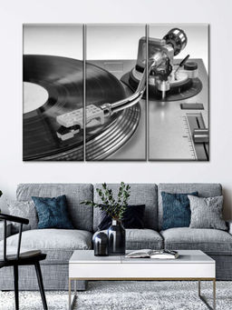 POSTERS AND TRUSS - 3 Pieces Grey Vinyl Record Player Painting Canvas Wall Art