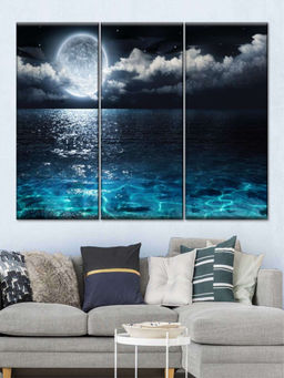 POSTERS AND TRUSS - 3 Pieces Black Blue Romantic Full Moon Printed Framed Wall Painting