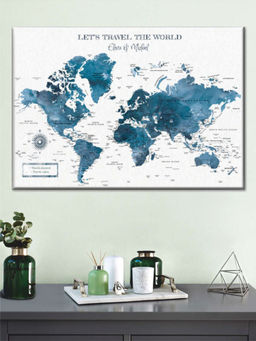 POSTERS AND TRUSS - White Blue World Map Printed Framed Wall Art